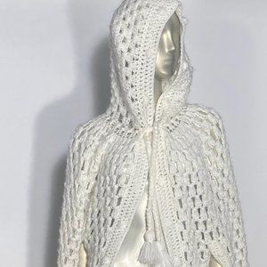 Off White Crochet Large Hooded Cape Fringe Ends